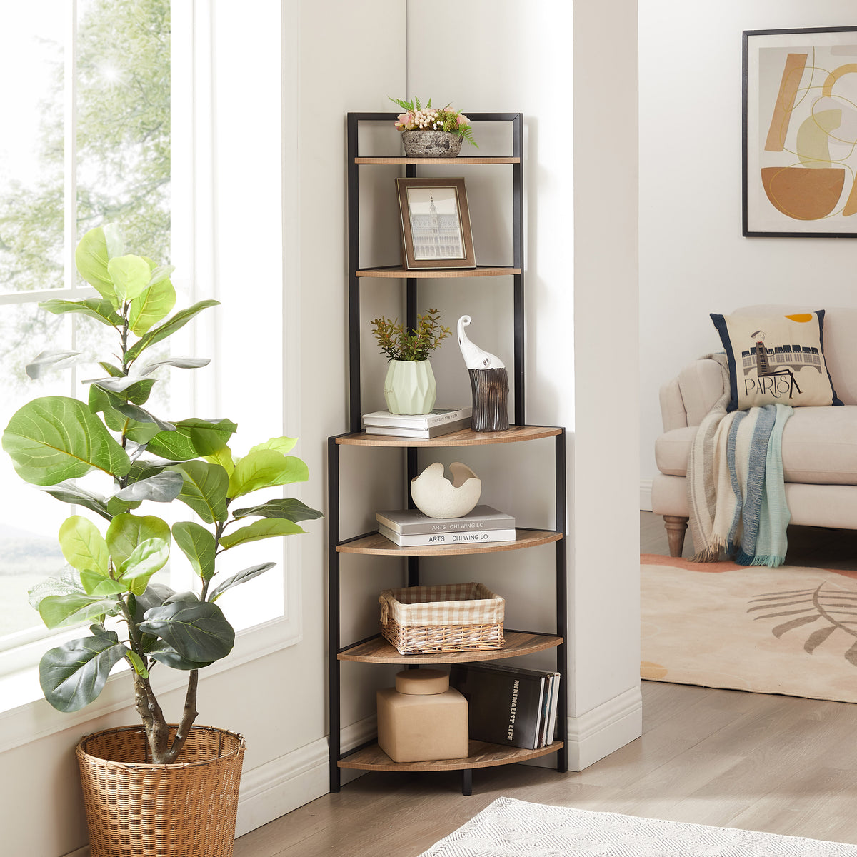 Tall Wooden Bookshelf Corner Storage Brown