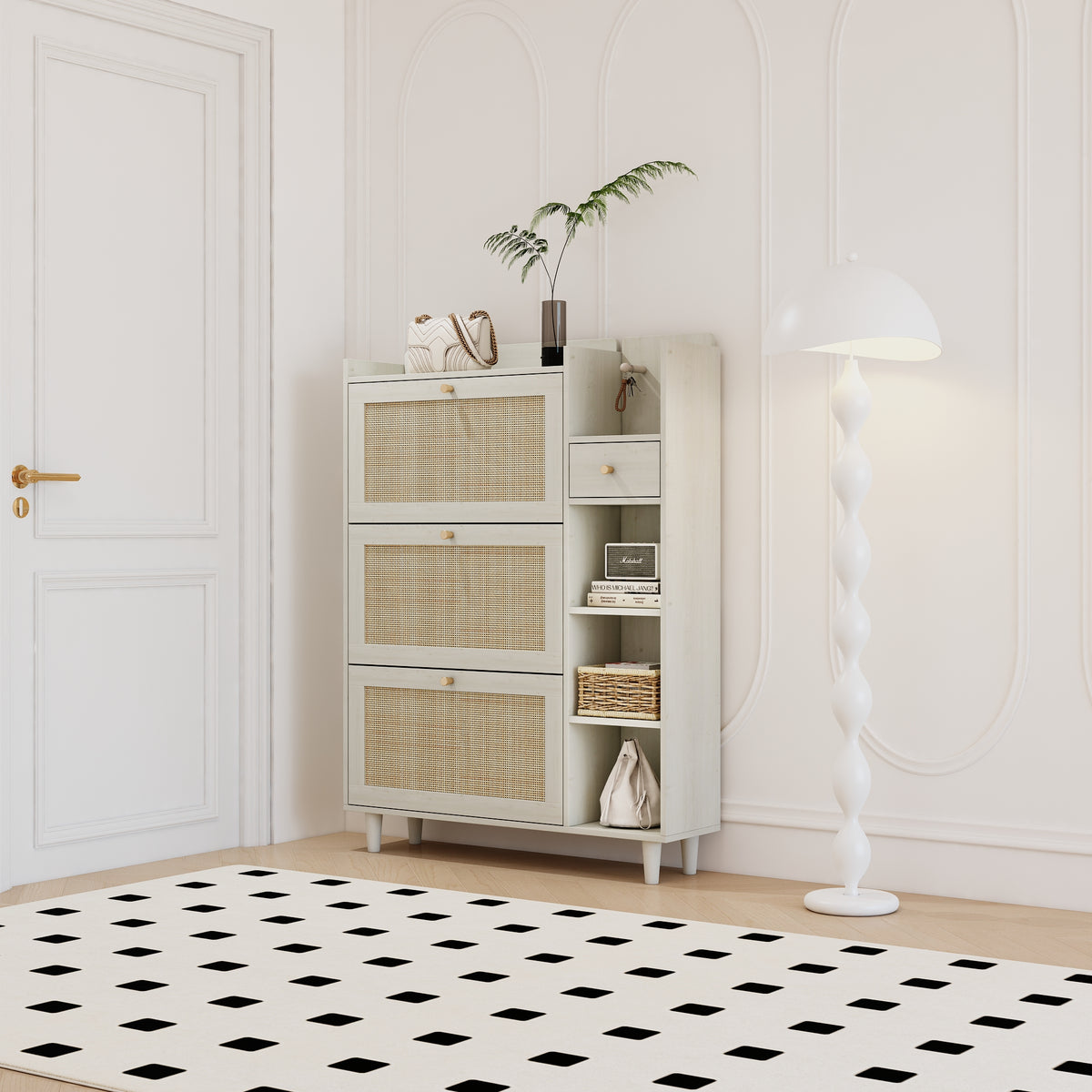 Bohemian Shoe Cabinet with Rattan Shelves White