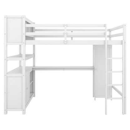 Wood Loft Bed with Bookshelf White