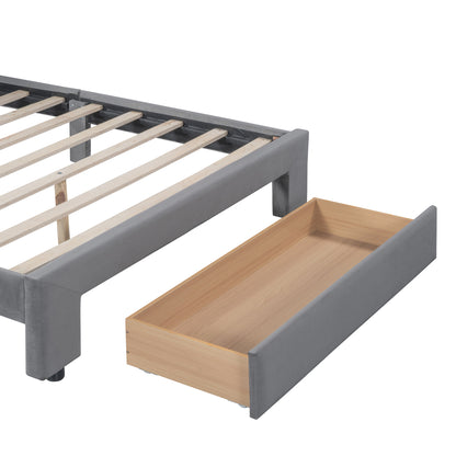 Velvet Platform Bed with Storage Drawer Gray