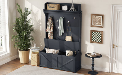 Dark Blue Hall Tree with Desk, Hooks, and Shelves