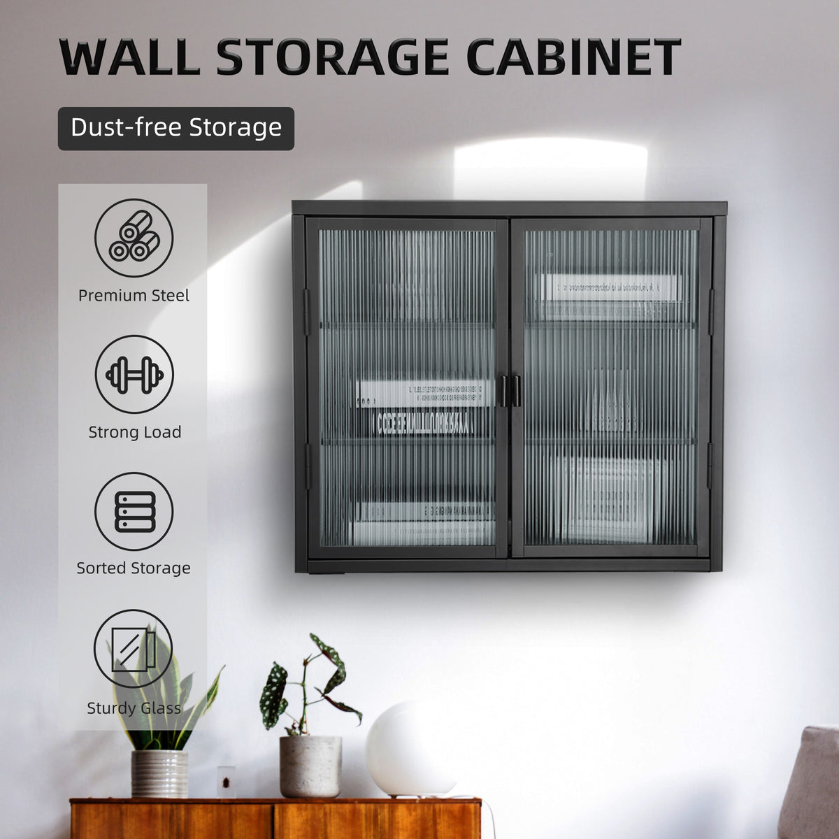 Retro Double Glass Wall Cabinet with Detachable Shelves White