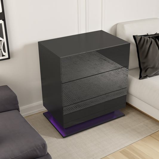 Black 3-Drawer Nightstand with RGB LED Lights – Modern Particle Board End Table with App Control