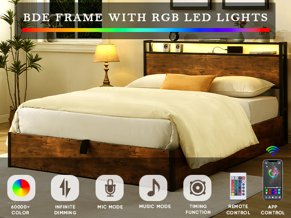 Elevating Platform Bed with LED Headboard Brown