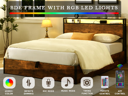 Elevating Platform Bed with LED Headboard Brown