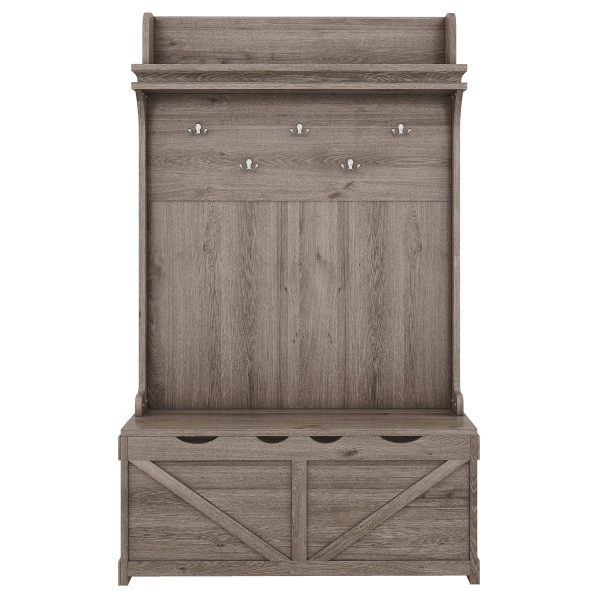 Oak Hall Tree with Hooks, Shelves, and Storage Bench
