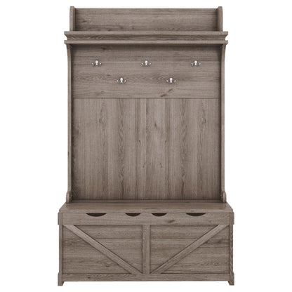 Oak Hall Tree with Hooks, Shelves, and Storage Bench