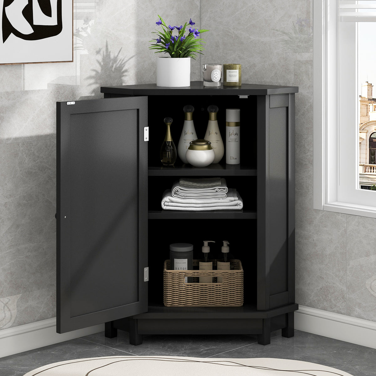 Black Corner Bathroom Storage Cabinet Adjustable Shelves