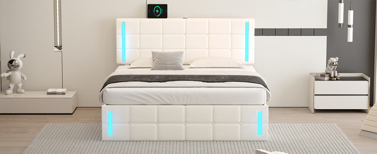 Queen Upholstered Bed with LED White
