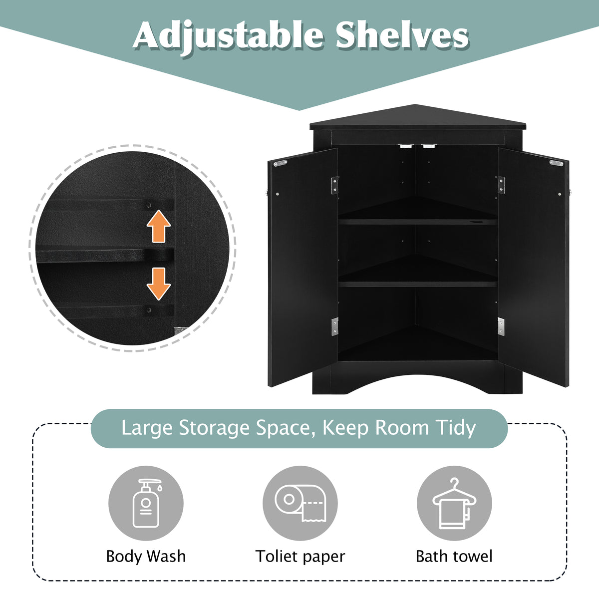 Black Corner Bathroom Cabinet with Shelves