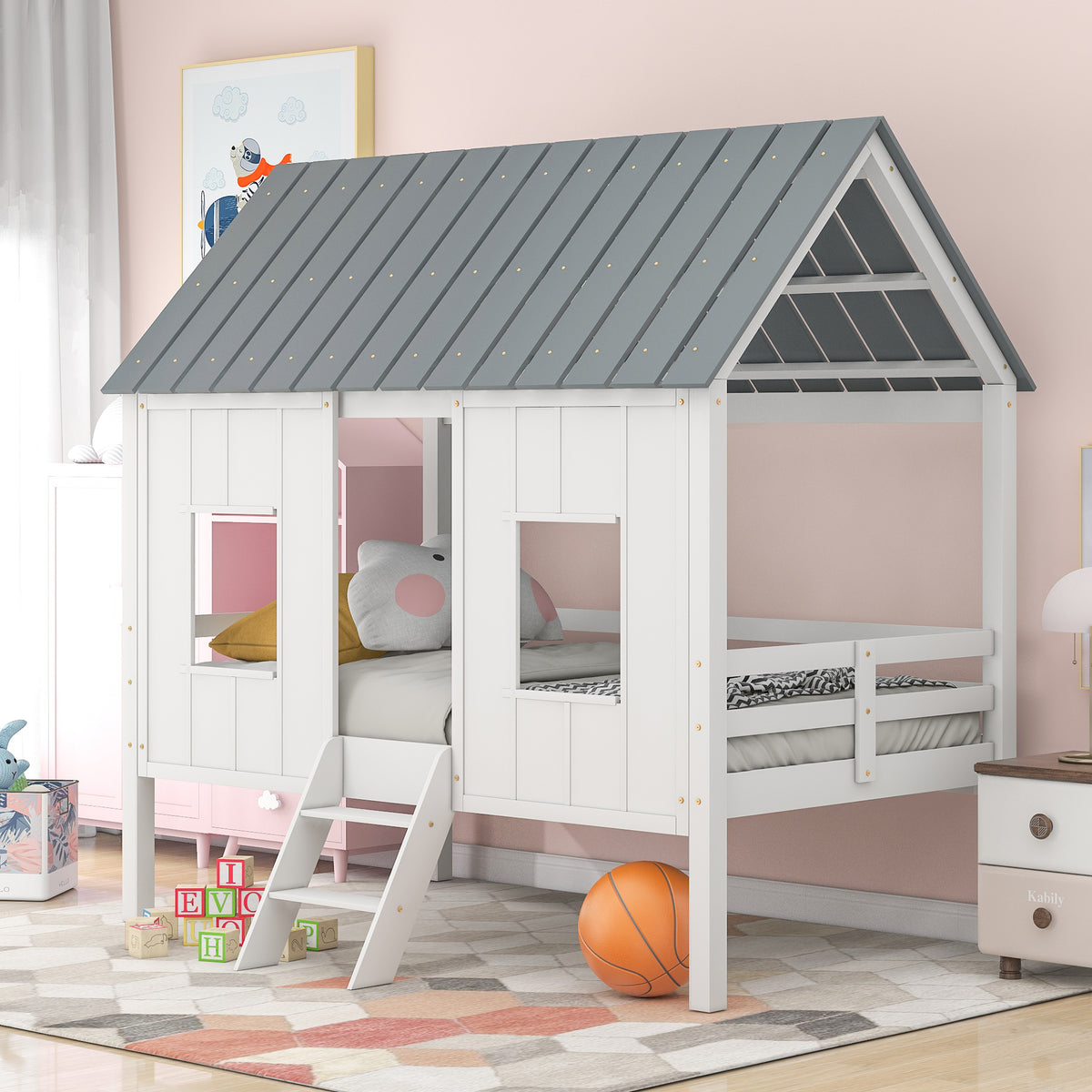 Low Loft Twin Bed with Windows White