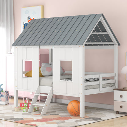 Low Loft Twin Bed with Windows White