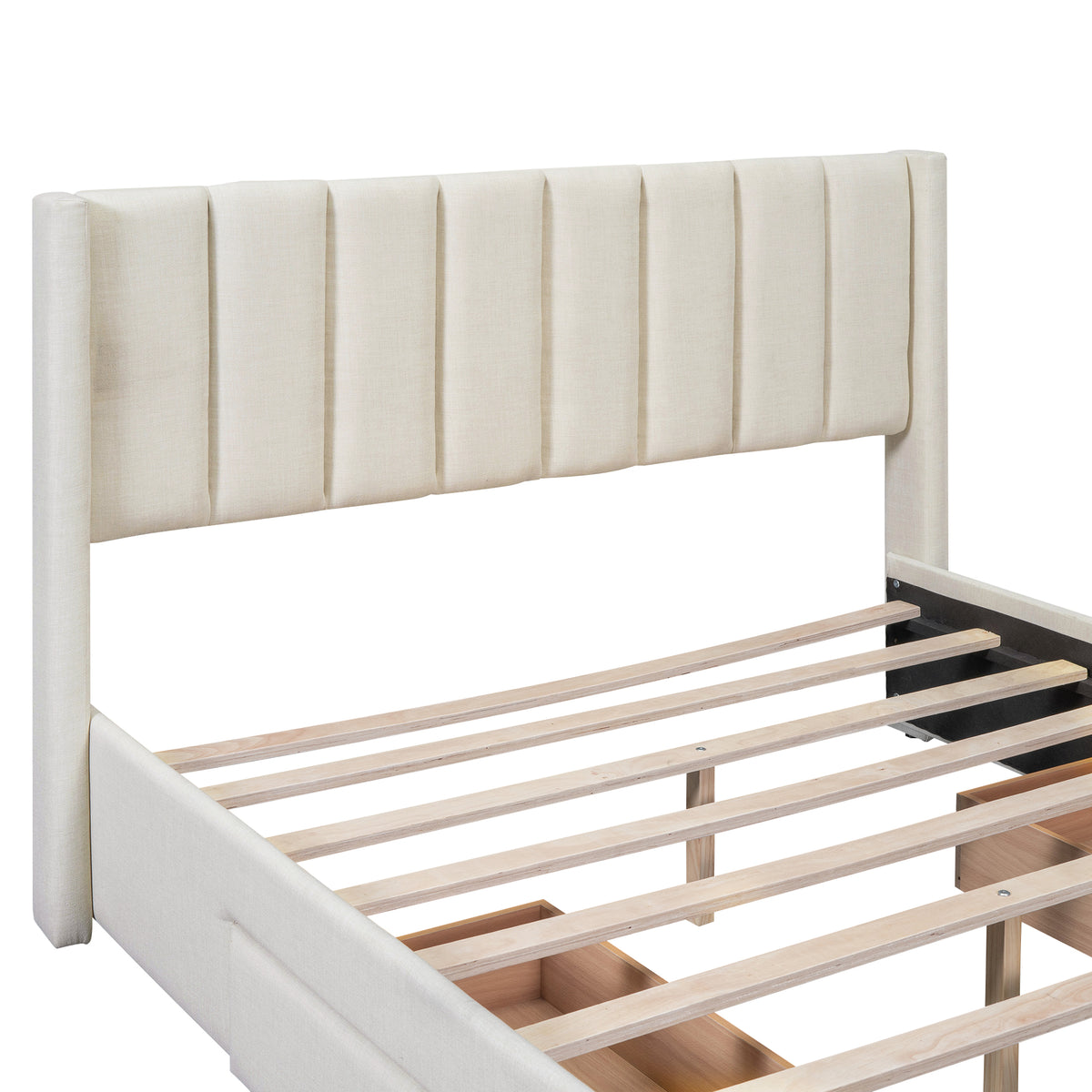 Upholstered Platform Bed with Drawers Beige