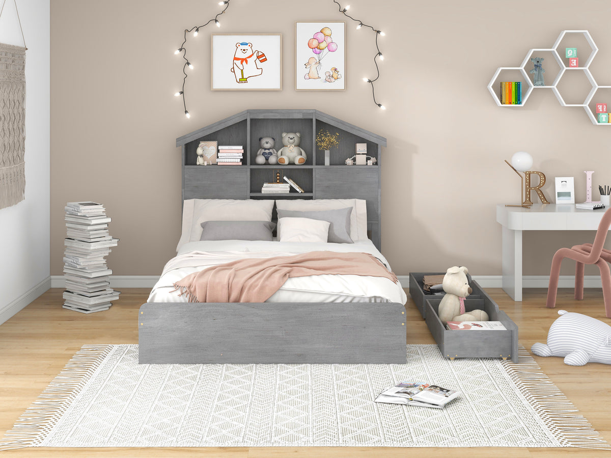 Full Platform Bed with Storage Headboard Gray