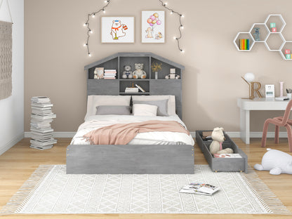 Full Platform Bed with Storage Headboard Gray