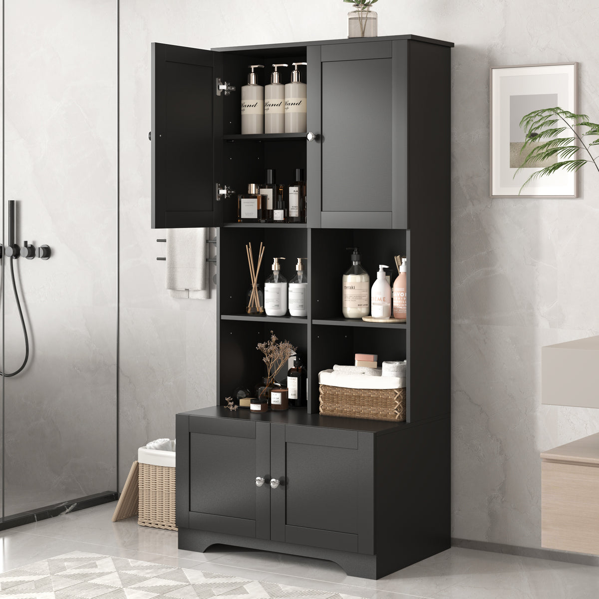 4-Door Bathroom Storage Cabinet Black Finish