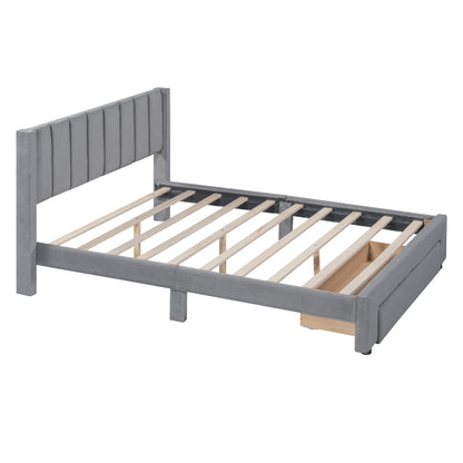 Velvet Platform Bed with Storage Drawer Gray