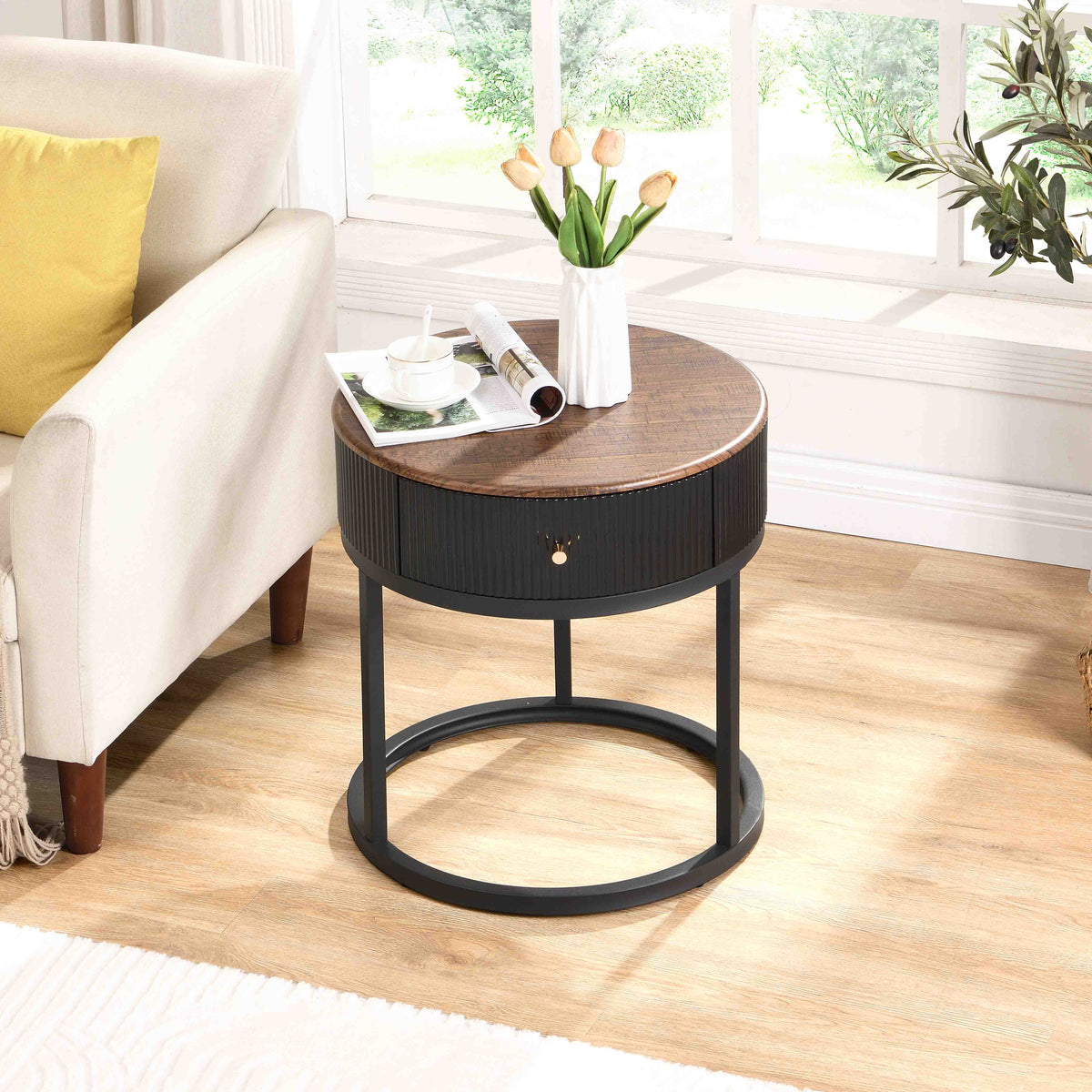 Round Side Table with Drawer White