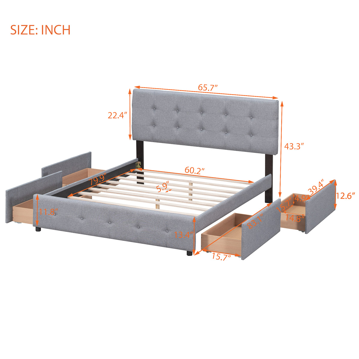 Upholstered Platform Bed with Drawers Light Gray