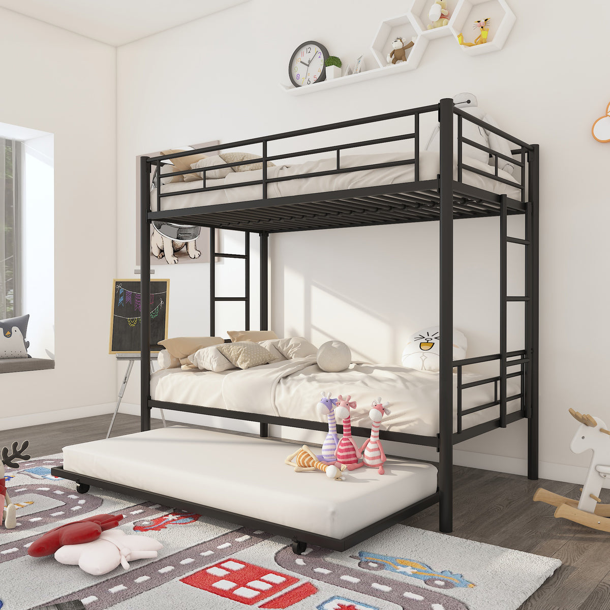 Twin Bunk Bed with Trundle Reinforced Frame