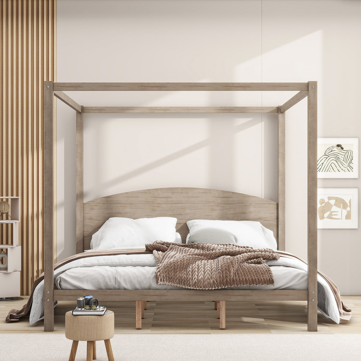 Canopy Platform Bed with Headboard Brown Wash