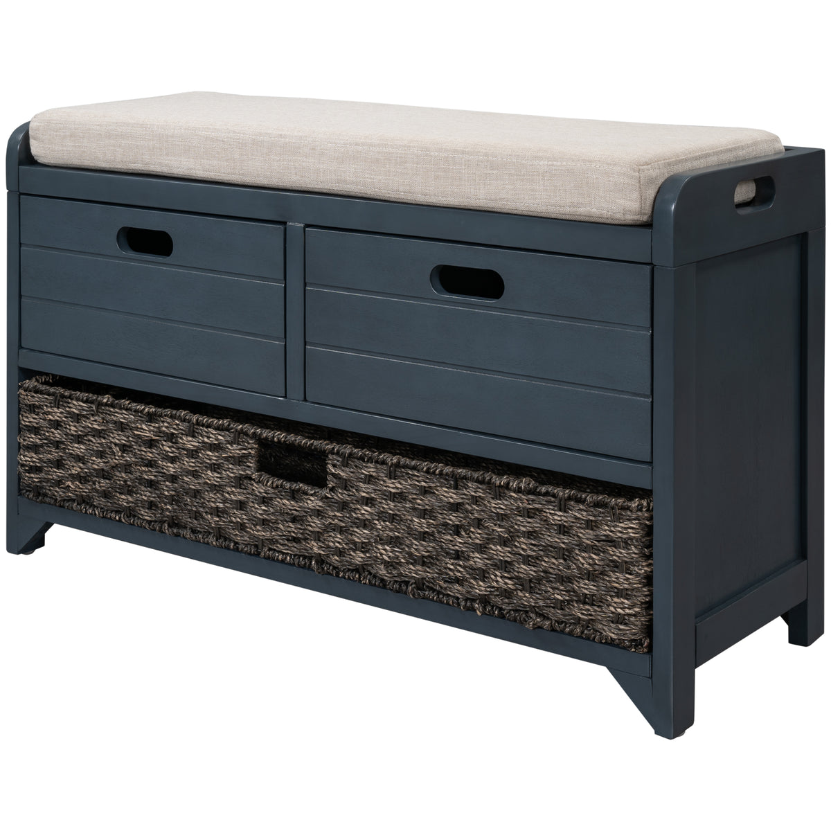 Navy Storage Bench with Rattan Basket