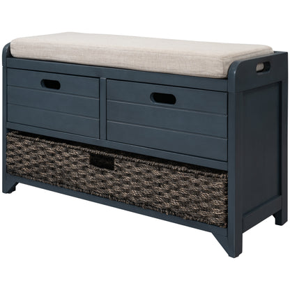 Navy Storage Bench with Rattan Basket