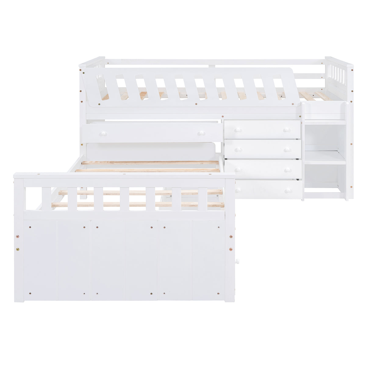L-Shaped Twin Loft Bed with Storage White