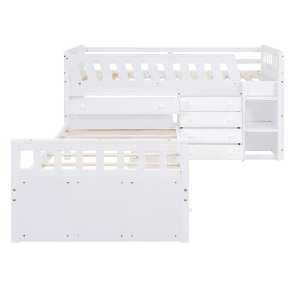 L-Shaped Twin Loft Bed with Storage White