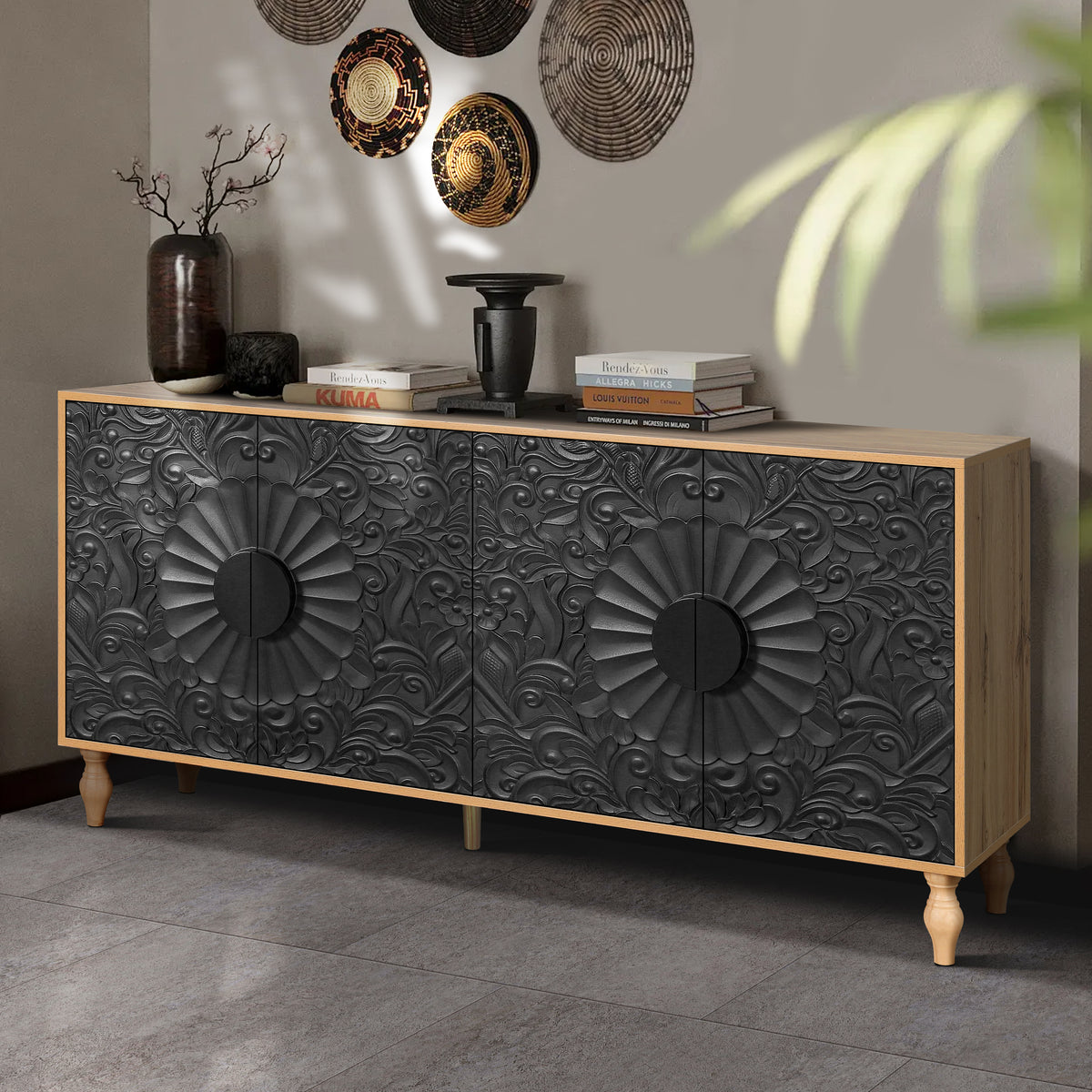 Carved Black TV Console with Wood Frame
