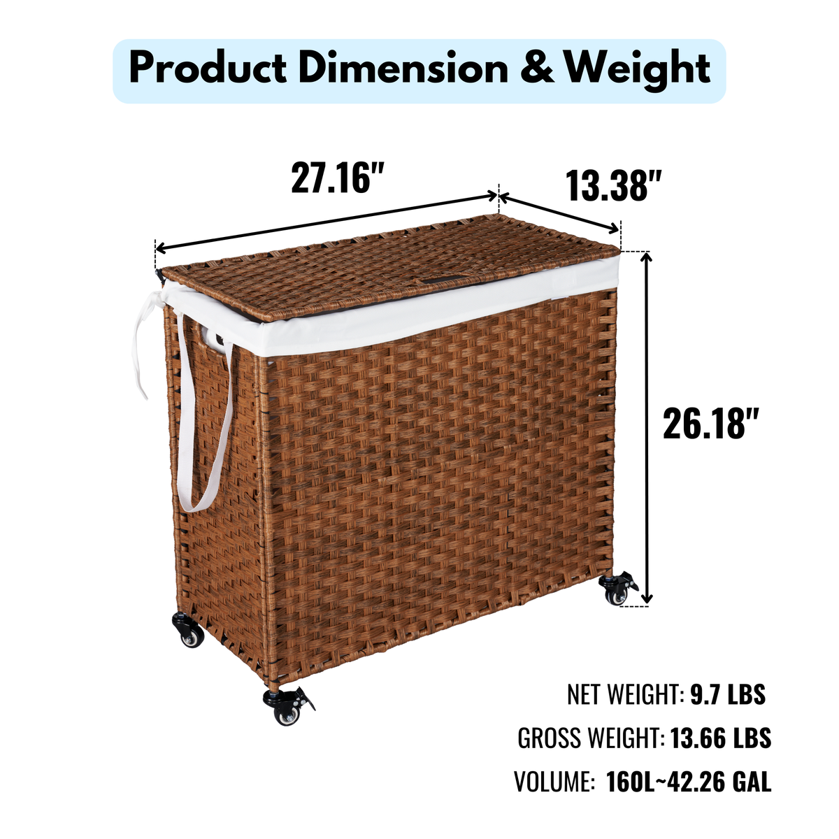Brown Laundry Hamper with Lid and Wheels