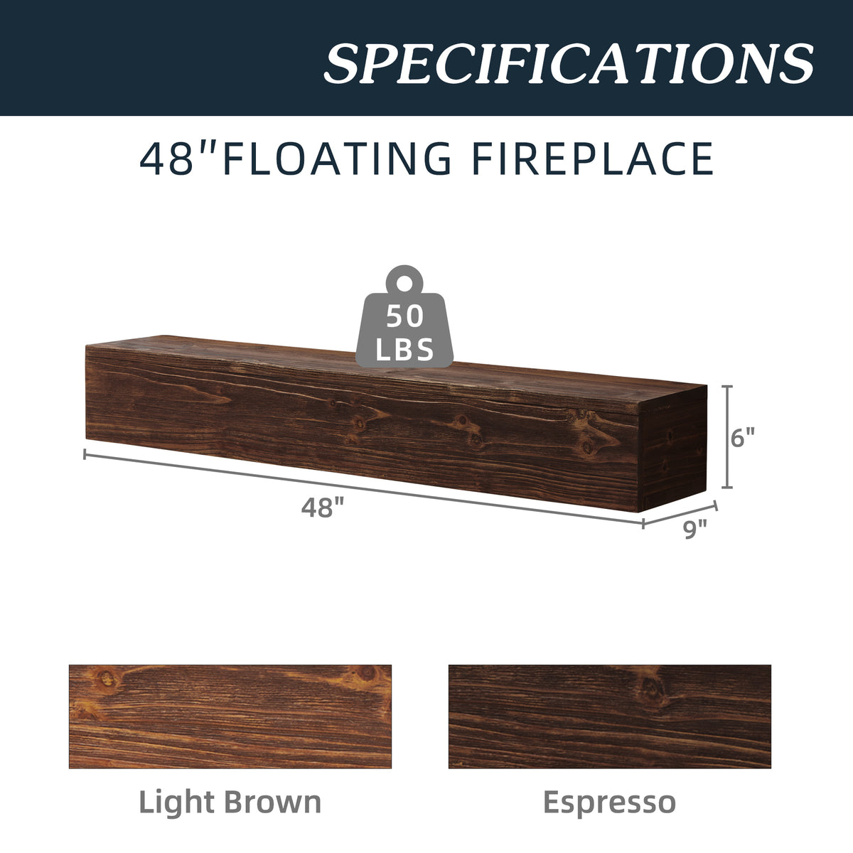 48-Inch Rustic Wood Floating Fireplace Mantel Brown
