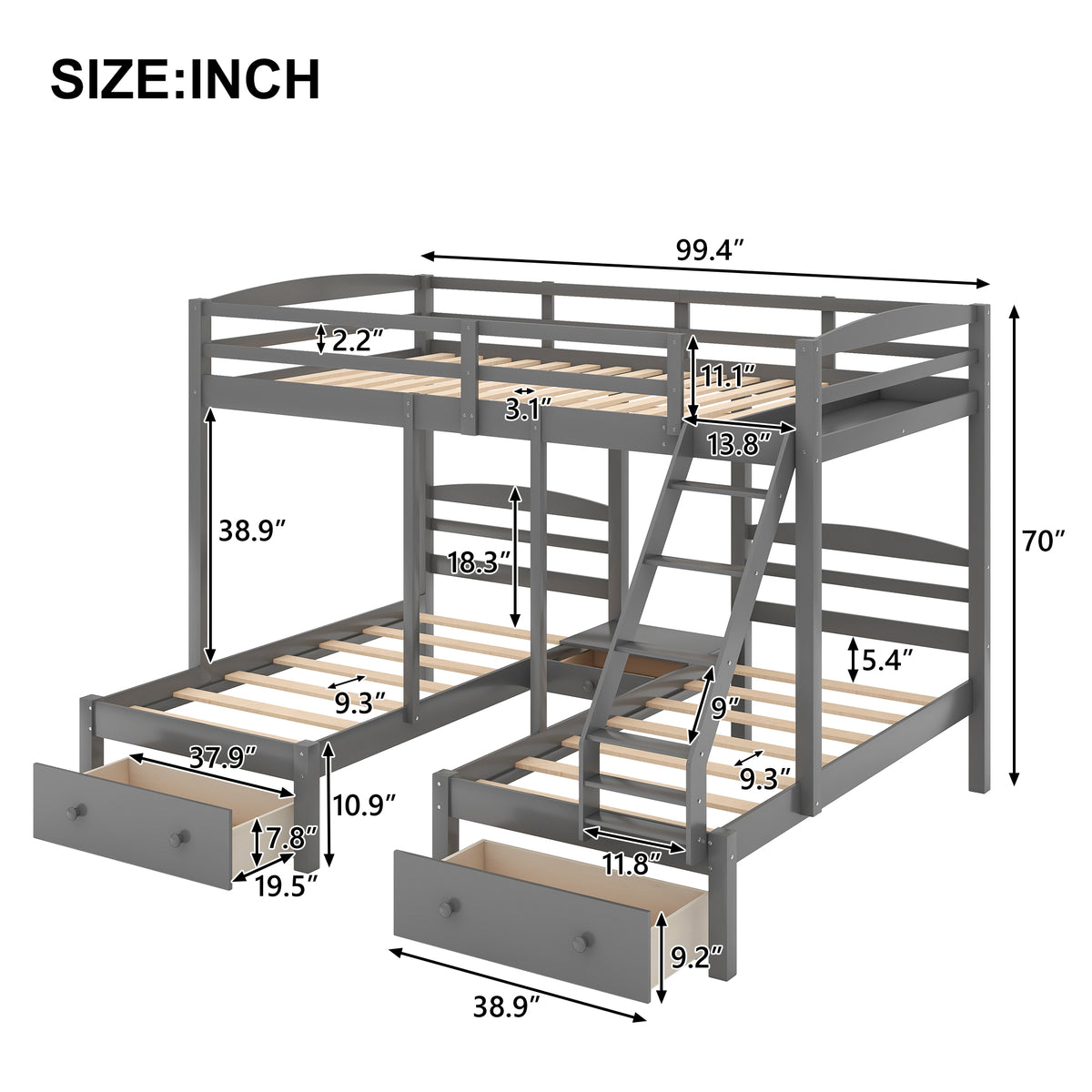 Full Triple Bunk Bed Gray