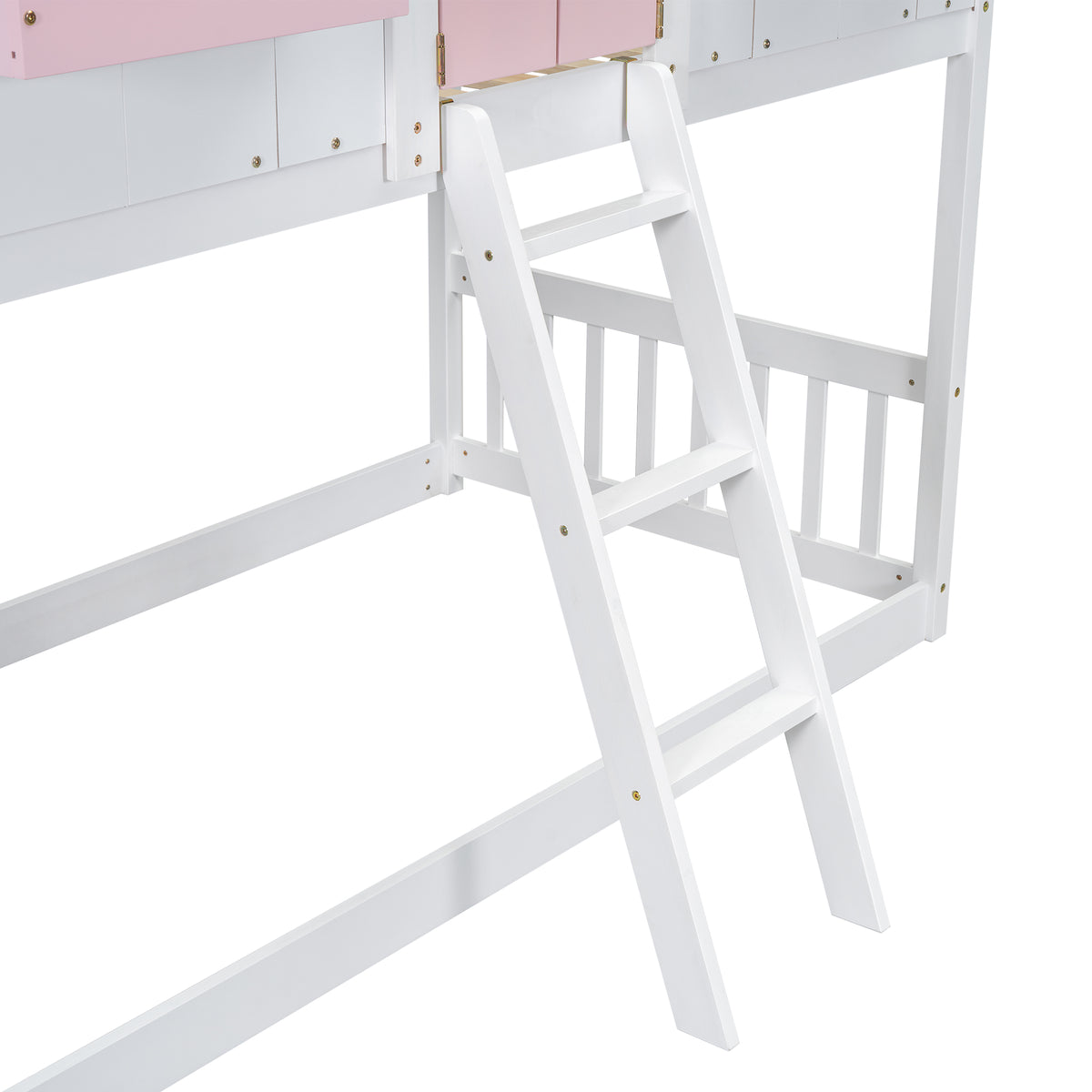 Twin House Bunk Bed with Ladder Pink White