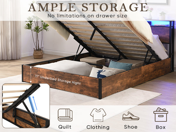 Elevating Platform Bed with LED Headboard Brown