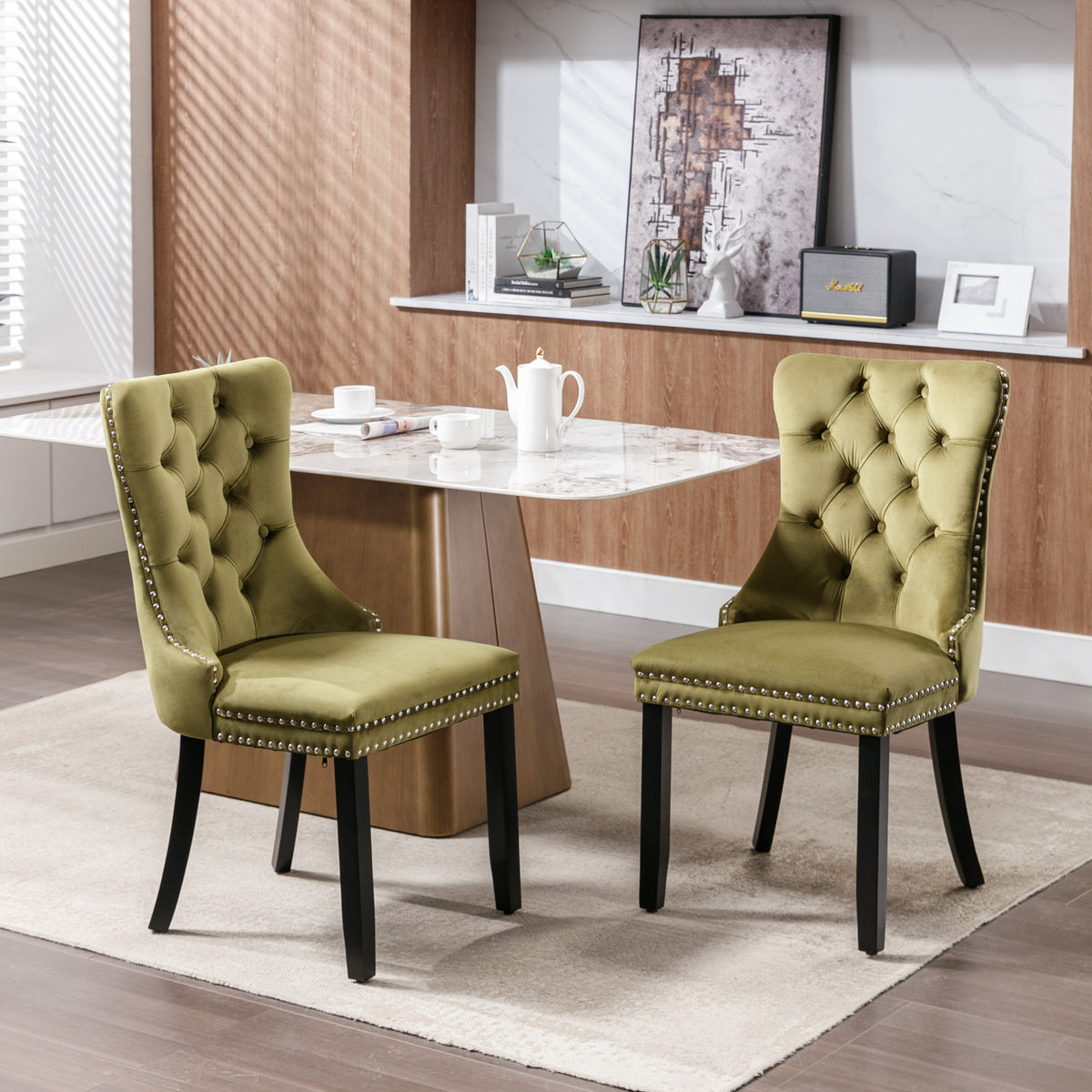 Tufted Olive Green Dining Chairs Set of 2