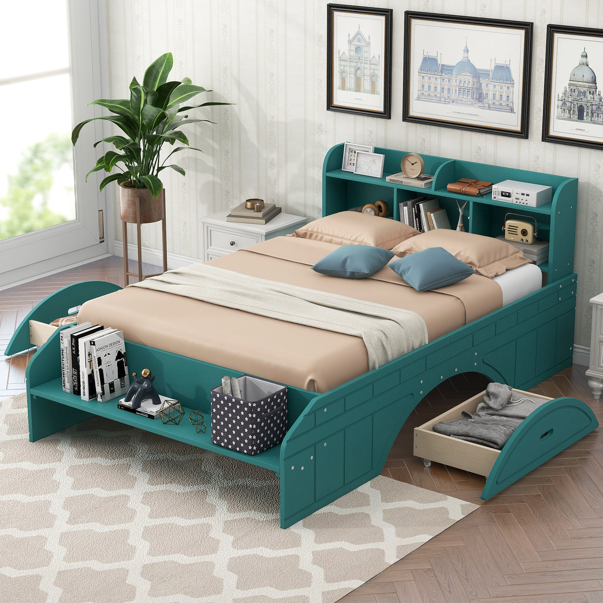Full Platform Bed with Headboard Dark Green
