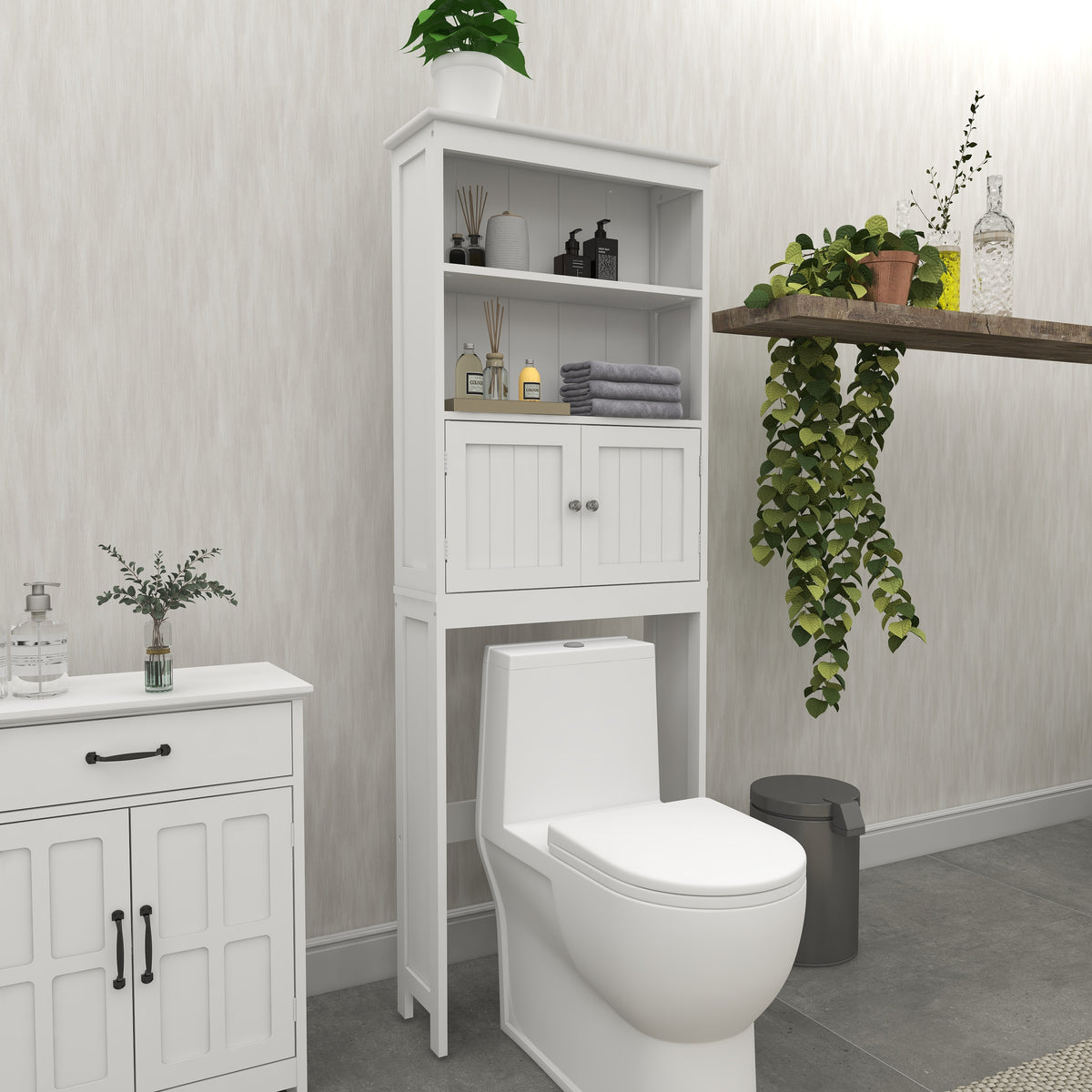 2-Tier Over-Toilet Storage Cabinet – Wood Finish Bathroom Spacesaver with 2 Doors