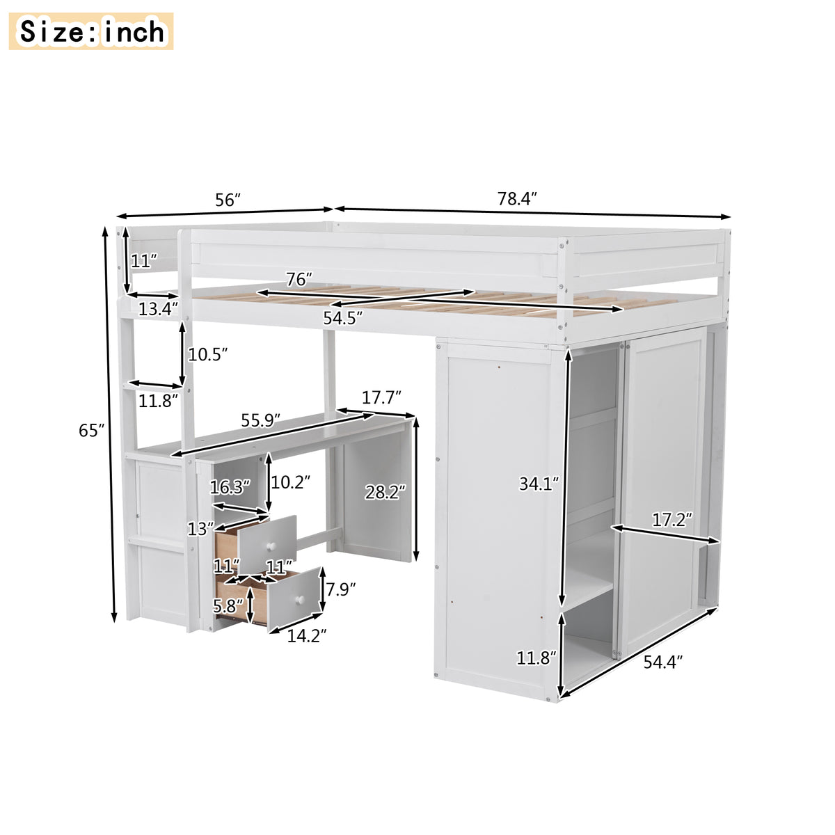 Full-Size Loft Bed with Wardrobe and Drawers White