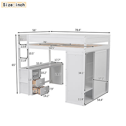 Full-Size Loft Bed with Wardrobe and Drawers White