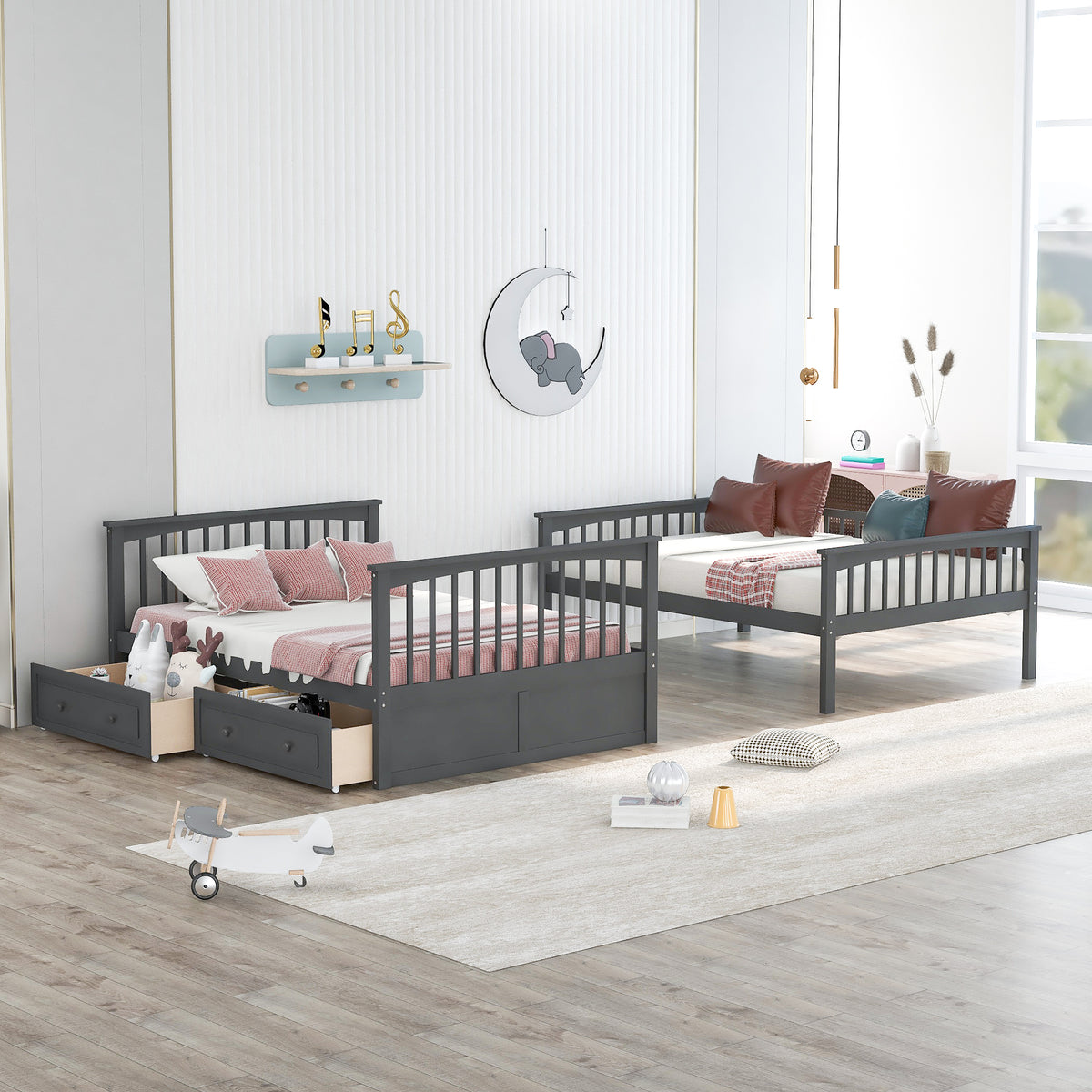 Convertible Full Bunk Bed with Drawers Gray
