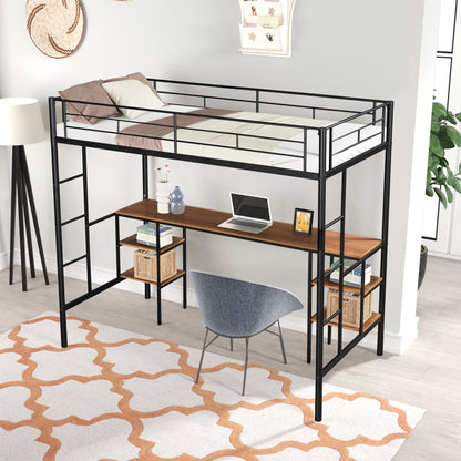 Heavy-Duty Twin Loft Bed with Built-In Shelves White