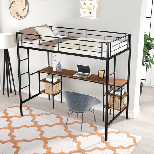 Heavy-Duty Twin Loft Bed with Built-In Shelves White