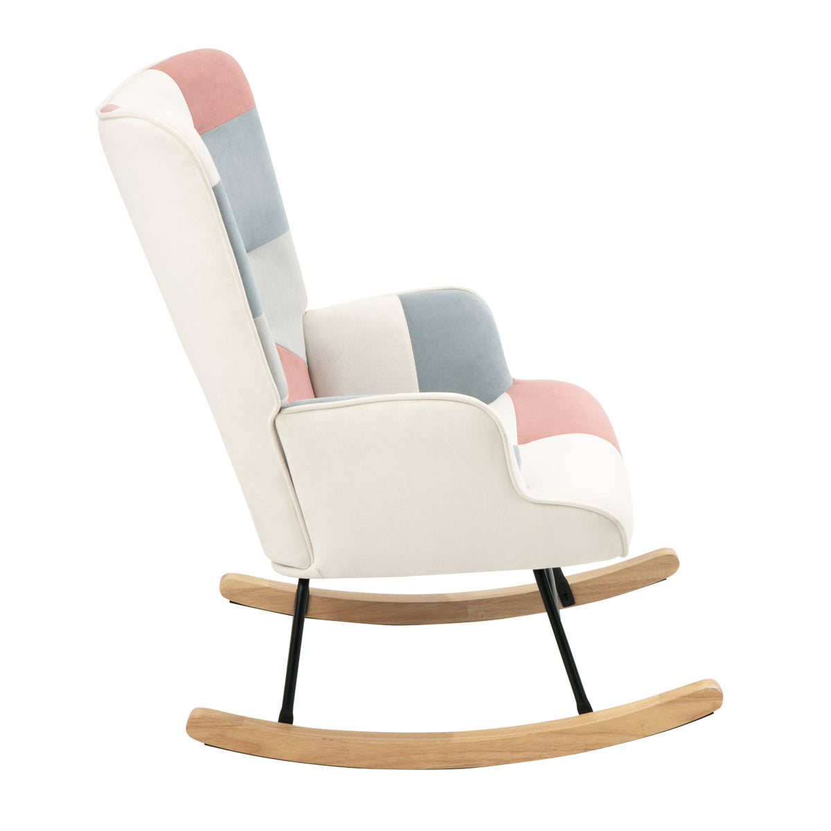 Mid-Century Patchwork Rocking Chair with Ottoman – Wood Legs