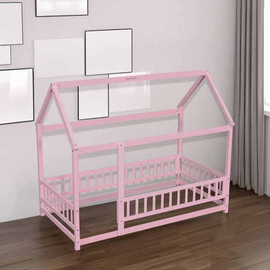 Twin Floor Bed with Fence Guardrails Pink