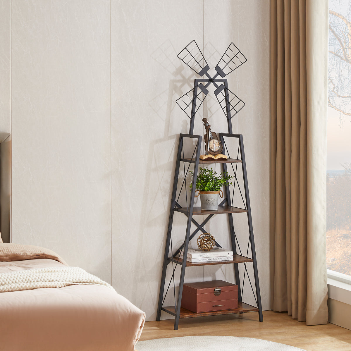 Narrow 4-Tier Display Shelf – Rustic Brown