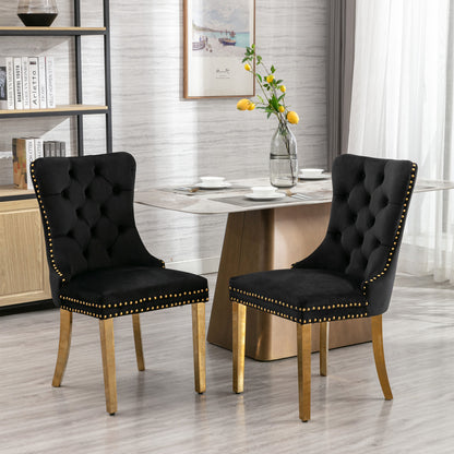 Velvet Dining Chair Set (2 pcs) – Black & Gold Trim
