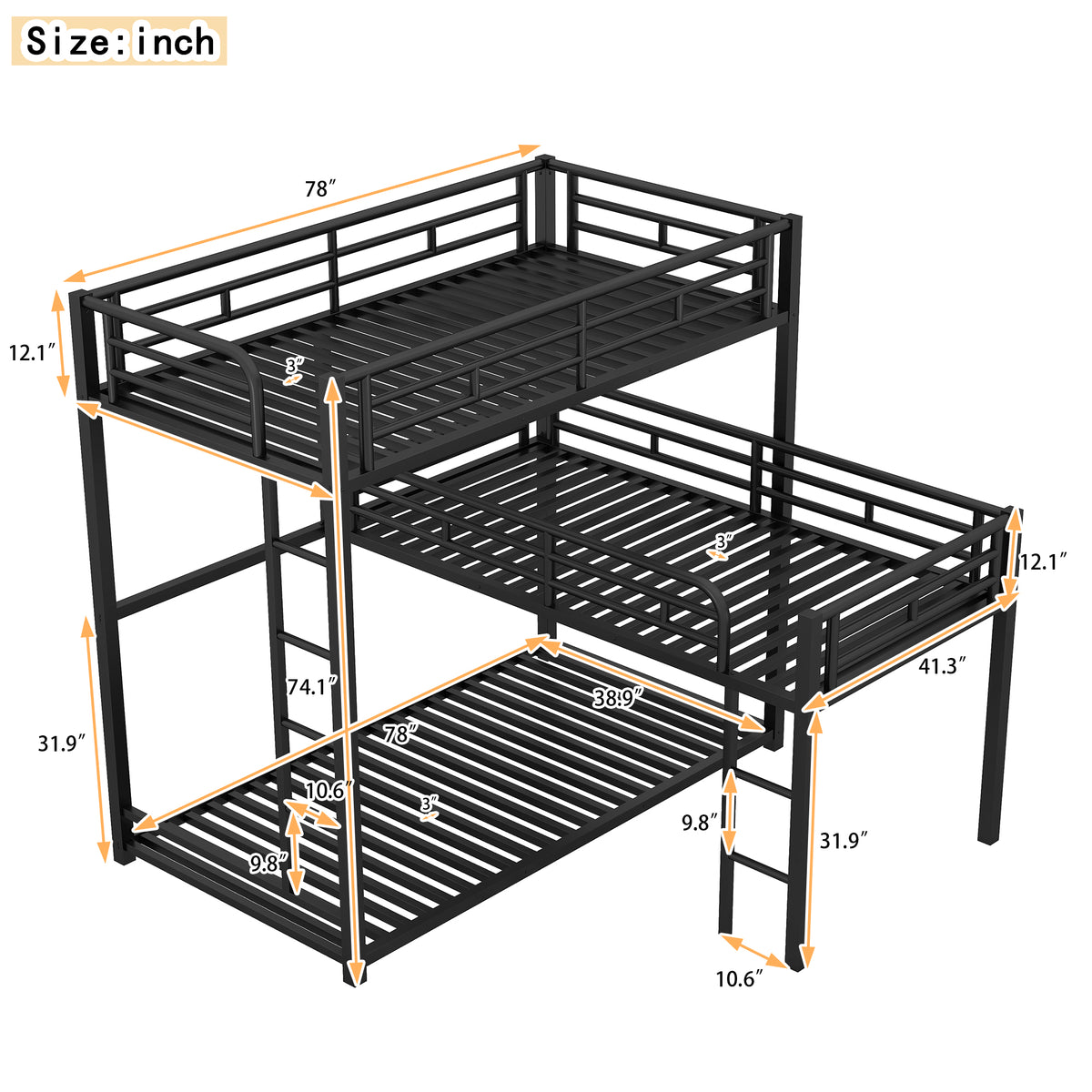 Metal Triple Bunk Bed Black