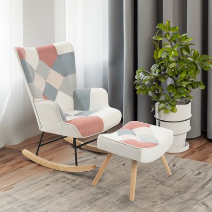 Mid-Century Patchwork Rocking Chair with Ottoman – Wood Legs
