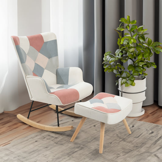 Mid-Century Patchwork Rocking Chair with Ottoman – Wood Legs